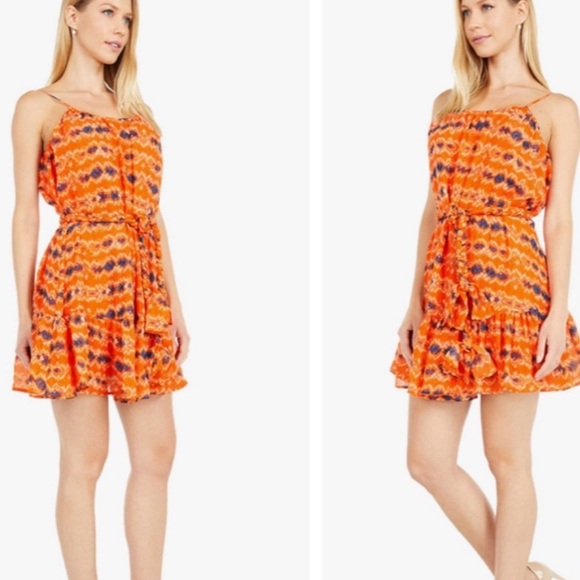 New Wayf Orange Batik Print Belted Chiffon Shift Dress - Picture 7 of 7